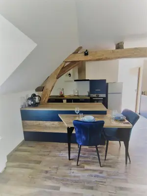 Cuisine ou kitchenette dans l'établissement Le Loft du Moulin Brochat avec espace jacuzzi commun