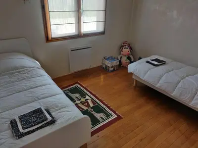 Un ou plusieurs lits dans un hébergement de l'établissement Maison spacieuse avec billard balnéo piano