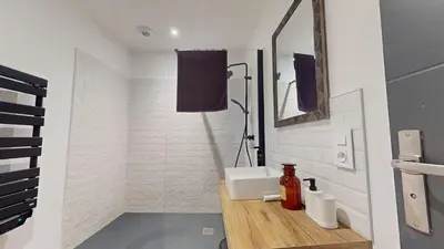 Salle de bains dans l'établissement Appartement Premium avec Terrasse - Parking privatif Gratuit - Fibre Wi-Fi - À 2 min Centre-Ville Dole