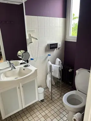 Salle de bains dans l'établissement Logis Hôtel & Restaurant Le Parcey