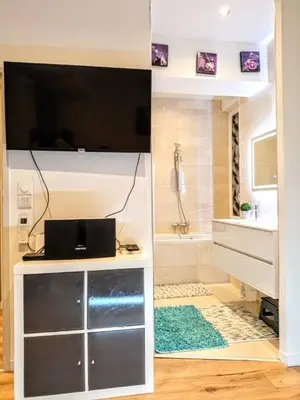 Télévision ou salle de divertissement dans l'établissement La chambre des petits voyageurs
