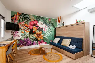 Télévision ou salle de divertissement dans l'établissement Studio avec Spa Privatif & Terrasse Jungle Dijon Centre