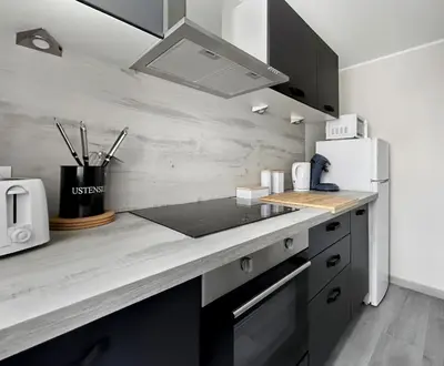 Cuisine ou kitchenette dans l'établissement Appartement lumineux, épuré avec balcon et parking