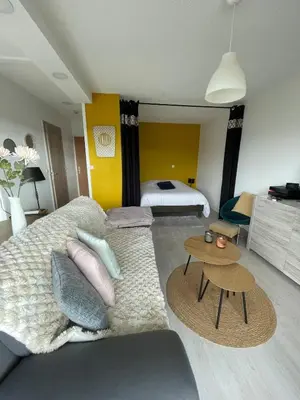 Un ou plusieurs lits dans un hébergement de l'établissement Studio cocoon avec vue sur le Beaujolais