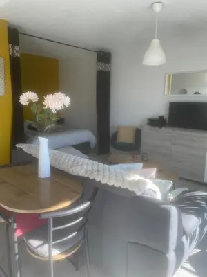 Coin salon dans l'établissement Studio cocoon avec vue sur le Beaujolais
