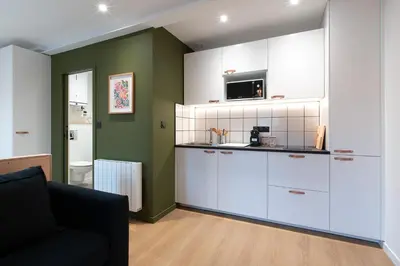 Cuisine ou kitchenette dans l'établissement Résidence Mariotte - Le Bleu Majorelle - Appartement indépendant