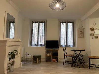 Télévision ou salle de divertissement dans l'établissement T2 4 pers rénové au cœur du centre historique Place de la Libération