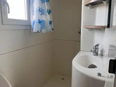 Salle de bains dans l'établissement Mobil-home confortable avec terrasse pour 4 personnes à Athée - API-1-52-1366
