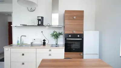 Cuisine ou kitchenette dans l'établissement Le Corton de Beaune, appartement classé 3 étoiles