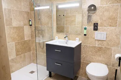 Salle de bains dans l'établissement Logis Hôtel-Restaurant Au Vieux Morvan, au cœur de la Bourgogne, Piscine & Spa, Hôtel Climatisé
