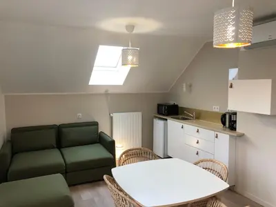Cuisine ou kitchenette dans l'établissement La Maison de la Douce Heure, 4 appartements climatisés avec jardin au centre ville proche des Thermes