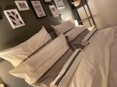 Un ou plusieurs lits dans un hébergement de l'établissement Mille et une nuit, appartement classé 3 étoiles en RDC avec exterieur et parking