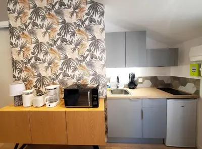 Cuisine ou kitchenette dans l'établissement L'IDYLLE - Studio Cocooning avec Jacuzzi