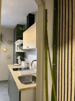 Cuisine ou kitchenette dans l'établissement Duplex paisible à la campagne