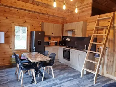 Cuisine ou kitchenette dans l'établissement Cabane pilotis sur étang, au lac de Chaumeçon